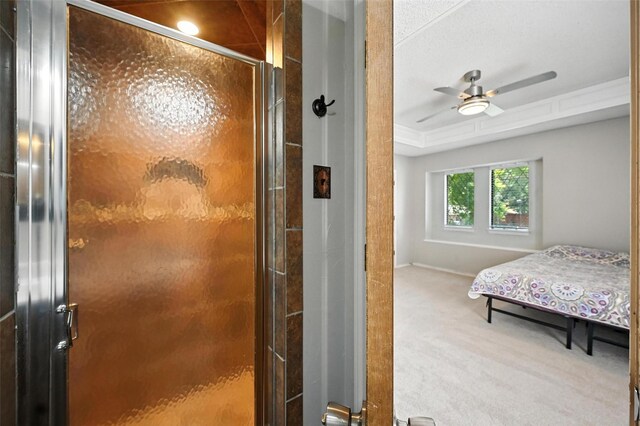 4603 Michelle Dr, Arlington, TX 76016 - full bath featuring a stall shower, a ceiling fan, and a raised ceiling