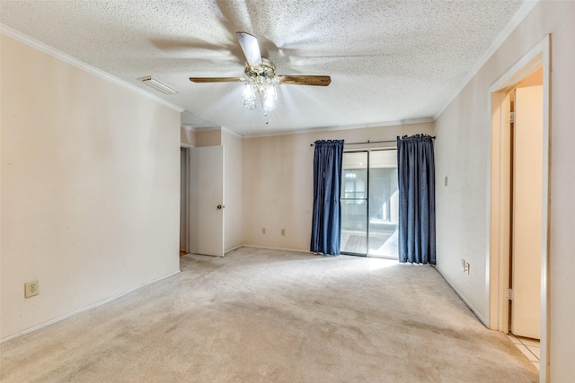 1608 Stroud Ln, Mesquite, TX 75150 - carpeted spare room featuring a ceiling fan, crown molding, and a textured ceiling