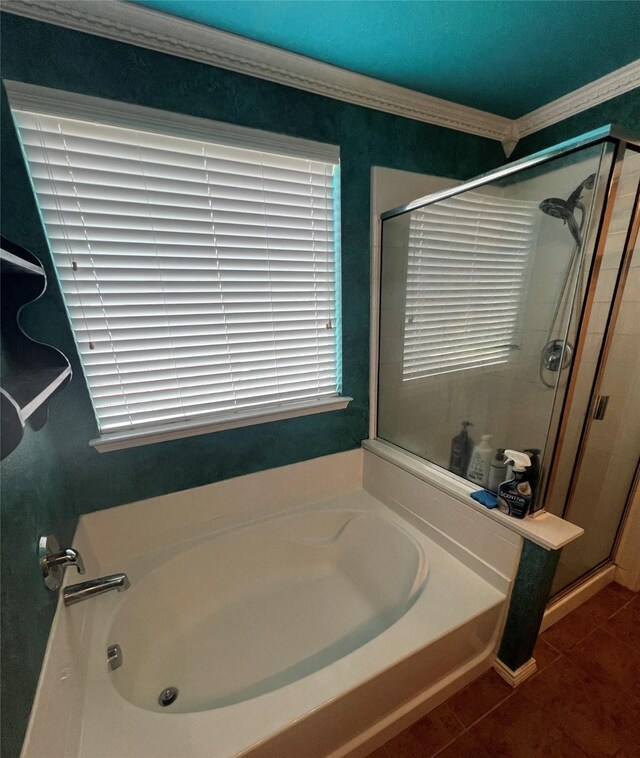5901 Westgate Dr, Fort Worth, TX 76179 - bathroom with a shower stall, a bath, tile patterned floors, and ornamental molding
