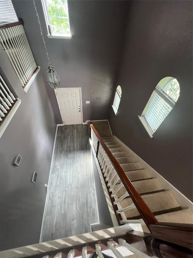 5901 Westgate Dr, Fort Worth, TX 76179 - stairway featuring wood finished floors and a high ceiling