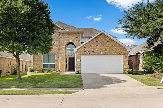 8516 Ontario Dr, Mckinney, TX 75072 - traditional home featuring a garage, brick siding, concrete driveway, a front lawn, and roof with shingles