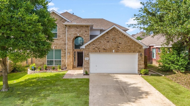 8516 Ontario Dr, Mckinney, TX 75072 - traditional-style home featuring an attached garage, concrete driveway, brick siding, a front yard, and a shingled roof