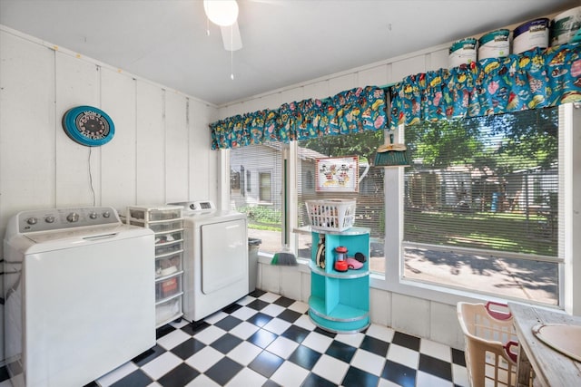 120 Woodland Ave, Corsicana, TX 75110 - washroom featuring tile patterned floors, separate washer and dryer, and a ceiling fan