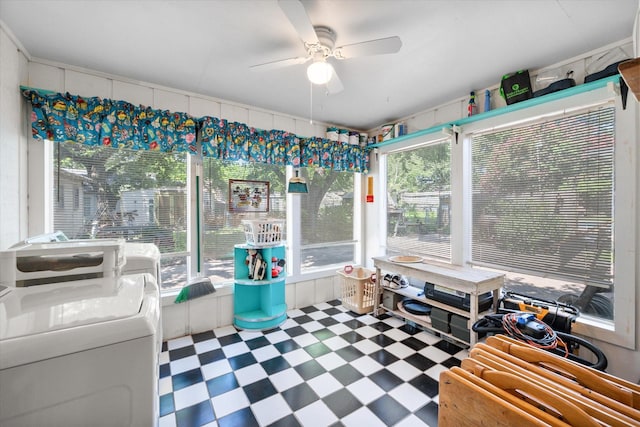 120 Woodland Ave, Corsicana, TX 75110 - sunroom / solarium with tile patterned floors, ceiling fan, healthy amount of natural light, and washing machine and dryer