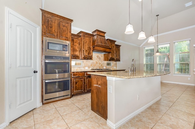 4600 Evenstar Way, Plano, TX 75074 - kitchen featuring appliances with stainless steel finishes, lofted ceiling, light tile patterned floors, tasteful backsplash, and light stone countertops