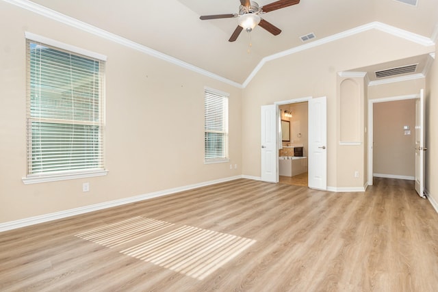 4600 Evenstar Way, Plano, TX 75074 - unfurnished bedroom with light wood finished floors, lofted ceiling, ensuite bathroom, crown molding, and ceiling fan