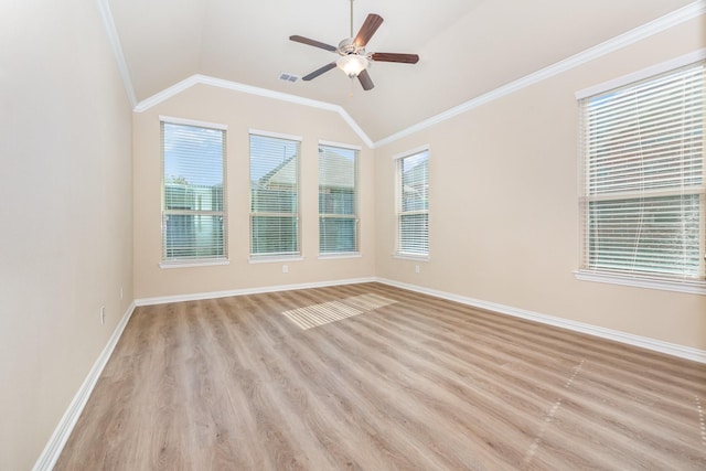 4600 Evenstar Way, Plano, TX 75074 - empty room with ceiling fan, light wood-style flooring, lofted ceiling, and crown molding