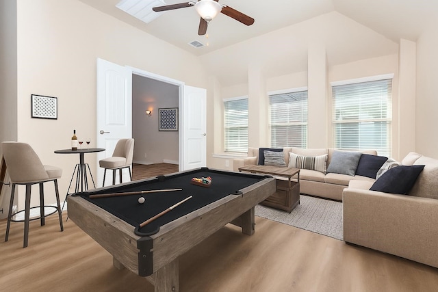 4600 Evenstar Way, Plano, TX 75074 - recreation room featuring light wood finished floors, vaulted ceiling, billiards table, a ceiling fan, and healthy amount of natural light