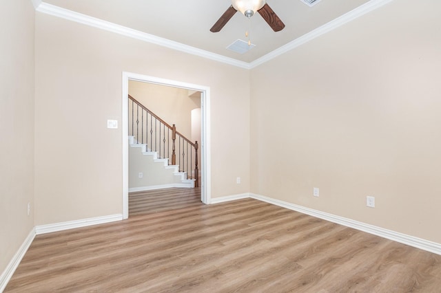 4600 Evenstar Way, Plano, TX 75074 - spare room with light wood finished floors, a ceiling fan, stairway, and crown molding