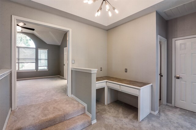 2400 Silverstone Ln, Mckinney, TX 75072 - unfurnished office featuring a chandelier, light carpet, and lofted ceiling