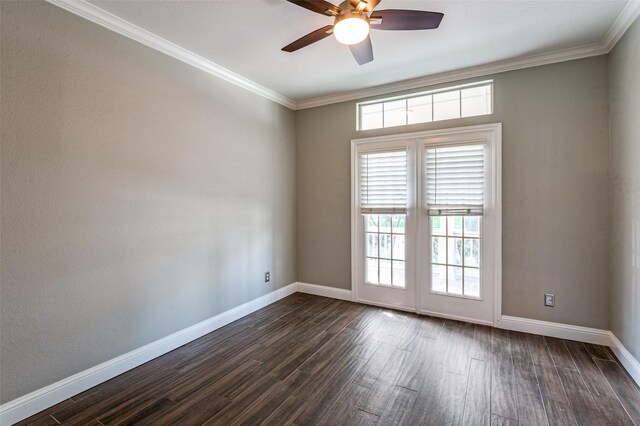 2400 Silverstone Ln, Mckinney, TX 75072 - unfurnished room with dark wood finished floors, a ceiling fan, and crown molding