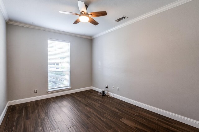 2400 Silverstone Ln, Mckinney, TX 75072 - unfurnished room with ceiling fan, dark wood-style floors, and crown molding