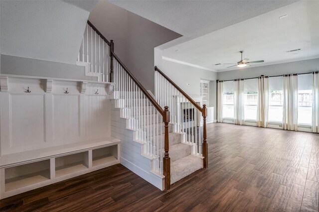 2400 Silverstone Ln, Mckinney, TX 75072 - stairway with wood finished floors, a ceiling fan, and crown molding