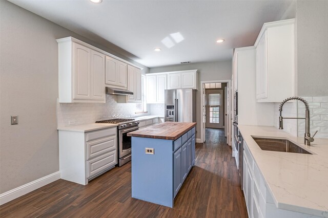 2400 Silverstone Ln, Mckinney, TX 75072 - kitchen featuring high end appliances, butcher block countertops, blue cabinets, under cabinet range hood, and white cabinetry