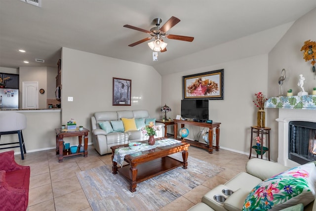 520 Rustic Oak Ln, Mckinney, TX 75072 - living area with a ceiling fan, light tile patterned flooring, recessed lighting, and a fireplace