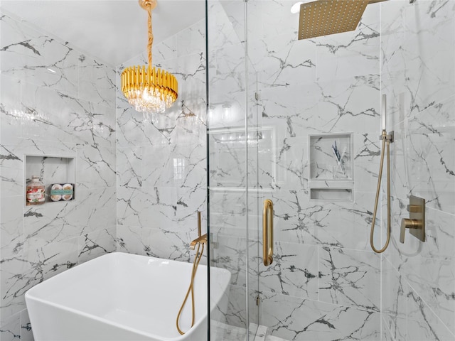 3101 Townbluff Dr Unit 922, Plano, TX 75075 - full bathroom with a soaking tub, a marble finish shower, and a chandelier