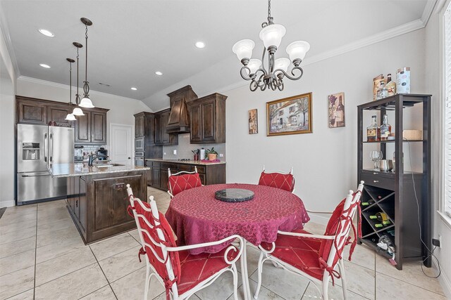 2209 Therese Dr, Waco, TX 76712 - dining space with crown molding, light tile patterned floors, a chandelier, and recessed lighting