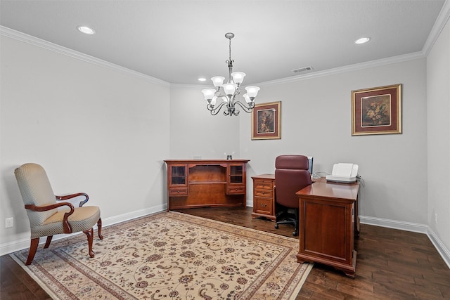 2209 Therese Dr, Waco, TX 76712 - home office featuring dark wood-style floors, crown molding, a chandelier, and recessed lighting