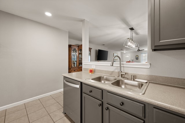4505 Martingale View Ln, Fort Worth, TX 76244 - kitchen featuring dishwasher, gray cabinets, light countertops, and light tile patterned floors