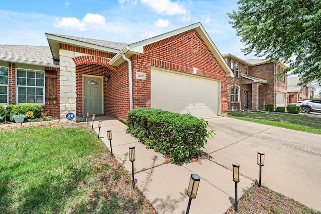 4505 Martingale View Ln, Fort Worth, TX 76244 - view of front of home featuring brick siding, a garage, concrete driveway, a front yard, and a shingled roof