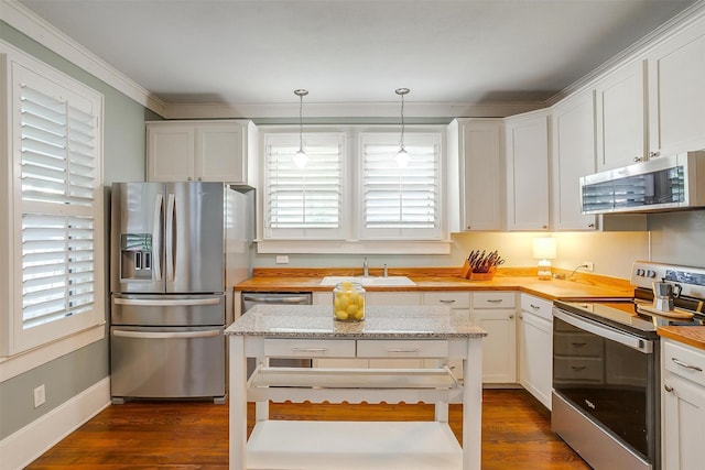 501 W Parks Ave, Waxahachie, TX 75165 - kitchen featuring stainless steel appliances, healthy amount of natural light, butcher block countertops, and crown molding