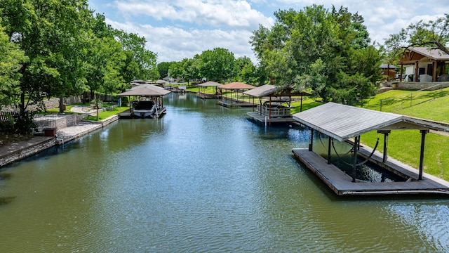 4013 Cherokee Ct, Granbury, TX 76048 - dock with boat lift, a water view, a gazebo, and a yard