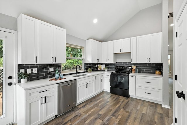 6604 Kingsferry Ct, Arlington, TX 76016 - kitchen with stainless steel dishwasher, black electric range oven, vaulted ceiling, backsplash, and light countertops