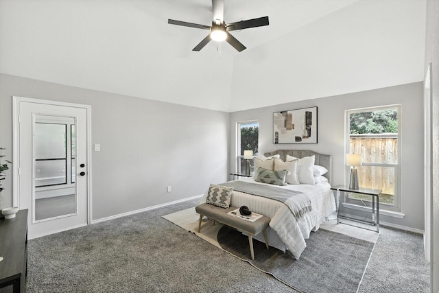 6604 Kingsferry Ct, Arlington, TX 76016 - bedroom with carpet, high vaulted ceiling, and ceiling fan