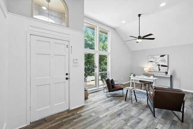 6604 Kingsferry Ct, Arlington, TX 76016 - office space featuring wood finished floors, a ceiling fan, high vaulted ceiling, and recessed lighting