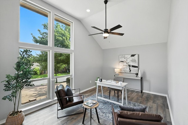 6604 Kingsferry Ct, Arlington, TX 76016 - office featuring high vaulted ceiling, a ceiling fan, and wood finished floors