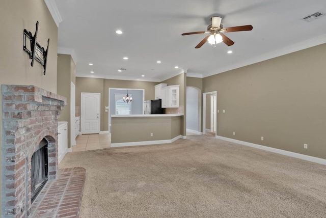 245 Harders Crossing Blvd, Shreveport, LA 71106 - unfurnished living room featuring light colored carpet, crown molding, a brick fireplace, ceiling fan, and recessed lighting