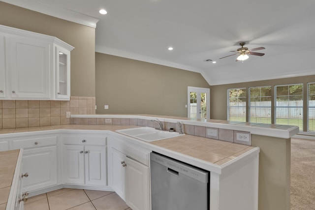 245 Harders Crossing Blvd, Shreveport, LA 71106 - kitchen with dishwasher, a peninsula, ornamental molding, tile countertops, and a ceiling fan