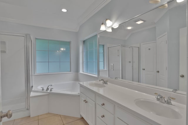 245 Harders Crossing Blvd, Shreveport, LA 71106 - bathroom with a stall shower, crown molding, double vanity, tile patterned flooring, and a bath