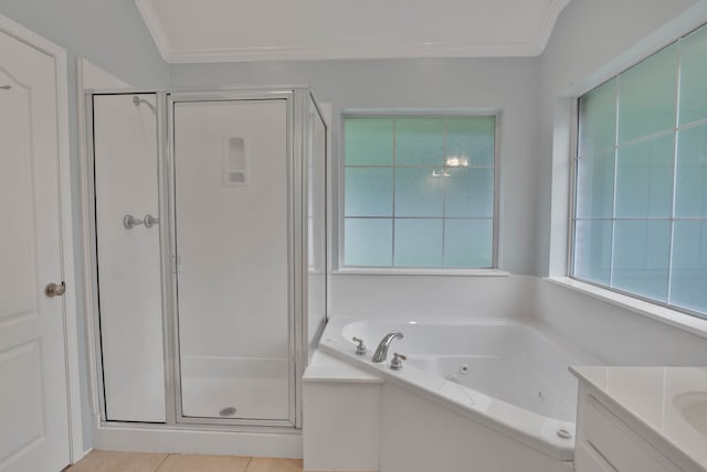 245 Harders Crossing Blvd, Shreveport, LA 71106 - bathroom with a stall shower, a jetted tub, crown molding, and vanity