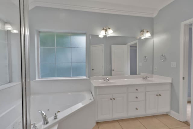 245 Harders Crossing Blvd, Shreveport, LA 71106 - full bath with double vanity, a bath, tile patterned floors, and crown molding