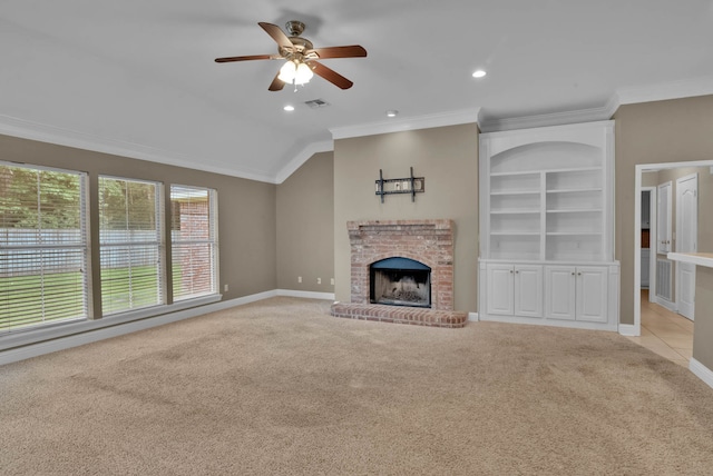 245 Harders Crossing Blvd, Shreveport, LA 71106 - unfurnished living room with light colored carpet, crown molding, ceiling fan, a fireplace, and recessed lighting