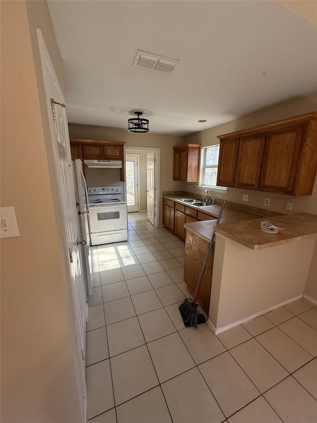 900 Reese Ln, Azle, TX 76020 - kitchen with white range with electric stovetop, under cabinet range hood, a peninsula, brown cabinetry, and light tile patterned flooring