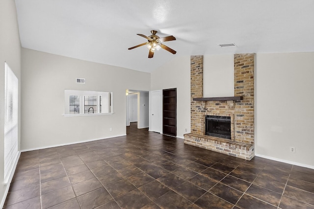 2411 Brookdale Dr, Arlington, TX 76014 - unfurnished living room with ceiling fan, a fireplace, tile patterned floors, and high vaulted ceiling