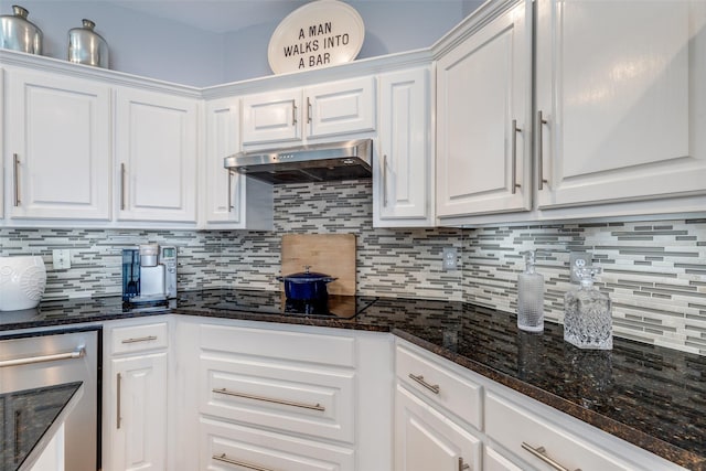 2521 Glen Morris Rd, Carrollton, TX 75007 - kitchen with white cabinetry, extractor fan, tasteful backsplash, and stainless steel dishwasher