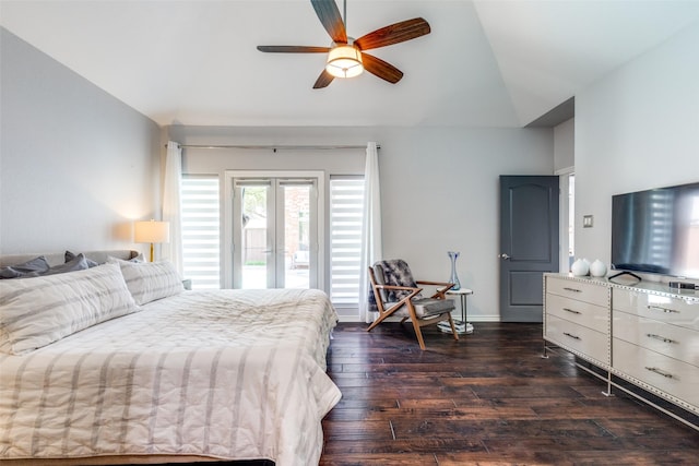 2521 Glen Morris Rd, Carrollton, TX 75007 - bedroom featuring access to exterior, dark wood-style flooring, lofted ceiling, and ceiling fan