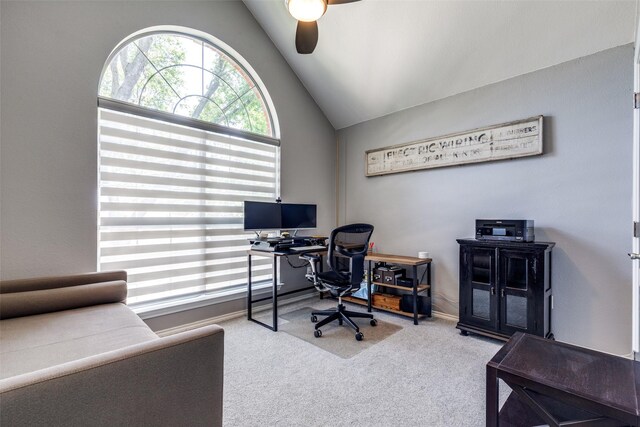 2521 Glen Morris Rd, Carrollton, TX 75007 - office area featuring vaulted ceiling, carpet floors, and ceiling fan
