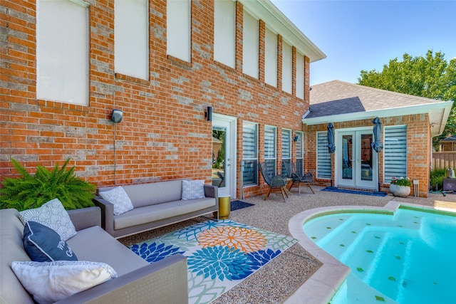2521 Glen Morris Rd, Carrollton, TX 75007 - swimming pool with french doors, outdoor lounge area, and a patio