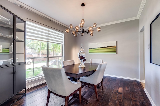 2521 Glen Morris Rd, Carrollton, TX 75007 - dining room featuring a chandelier, ornamental molding, and dark wood finished floors