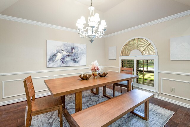 6515 Genstar Ln, Dallas, TX 75252 - dining space featuring a chandelier, crown molding, dark wood-style floors, lofted ceiling, and wainscoting