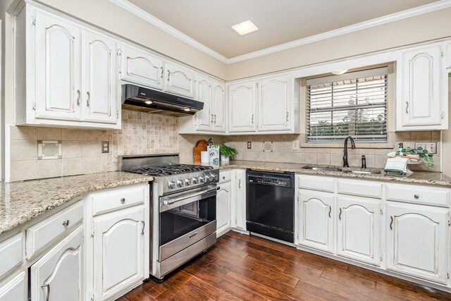6515 Genstar Ln, Dallas, TX 75252 - kitchen featuring high end stainless steel range oven, dishwasher, under cabinet range hood, crown molding, and backsplash