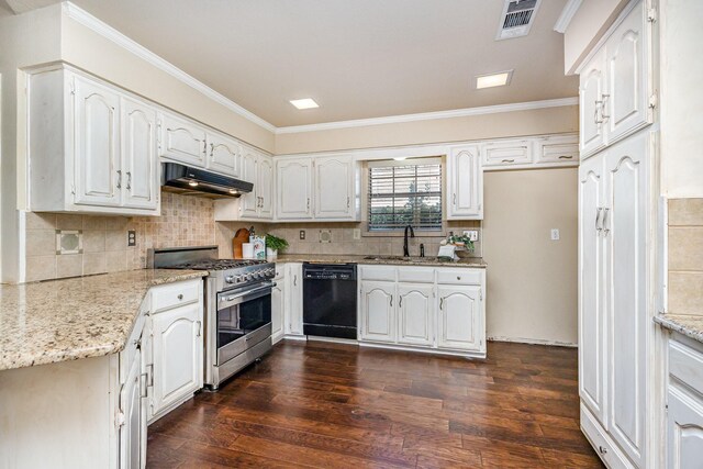 6515 Genstar Ln, Dallas, TX 75252 - kitchen featuring high end range, black dishwasher, under cabinet range hood, crown molding, and light stone counters