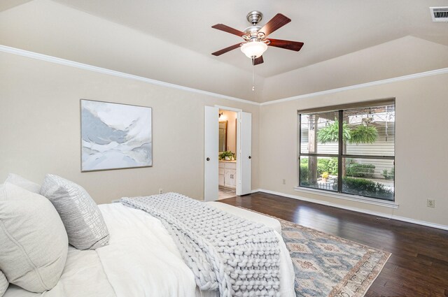 6515 Genstar Ln, Dallas, TX 75252 - bedroom featuring wood finished floors, ornamental molding, ensuite bath, and a ceiling fan