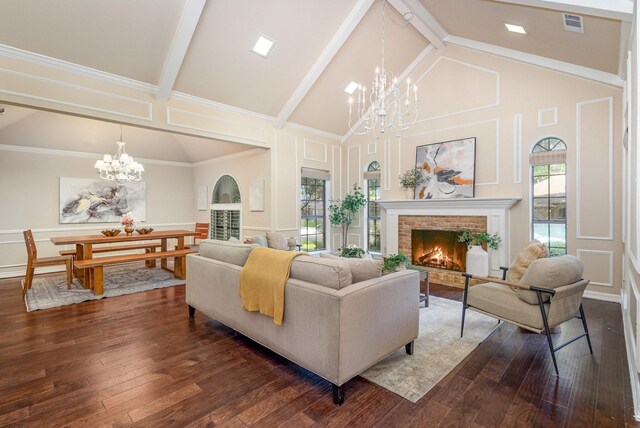 6515 Genstar Ln, Dallas, TX 75252 - living room with a chandelier, a decorative wall, a fireplace, high vaulted ceiling, and beam ceiling