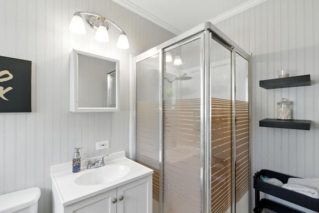 1442 W Water St, Weatherford, TX 76086 - bathroom featuring ornamental molding, vanity, and a shower stall