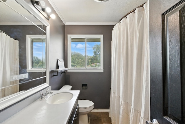 1442 W Water St, Weatherford, TX 76086 - bathroom with vanity, ornamental molding, tile patterned flooring, and a shower with curtain